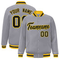 Custom Gray & Black & Gold Striped Trim Satin Full-Snap Varsity Jacket - front view
