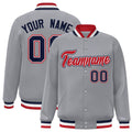 Custom Gray & Red & White Striped Trim Satin Full-Snap Varsity Jacket - front view