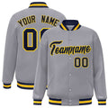 Personalized Gray & Navy & Gold Striped Trim Satin Full-Snap Varsity Jacket - front view