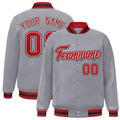 Custom Gray & Red & White Striped Trim Satin Full-Snap Varsity Jacket - front view