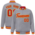 Personalized Gray & Red & Gold Striped Trim Satin Full-Snap Varsity Jacket - front view