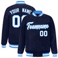 Custom Navy & White & Powder Blue Striped Trim Satin Full-Snap Varsity Jacket - front view