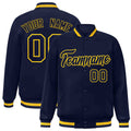 Custom Navy & Gold Striped Trim Satin Full-Snap Varsity Jacket - front view