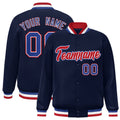 Personalized Navy & Red & White Striped Trim Satin Full-Snap Varsity Jacket - front view