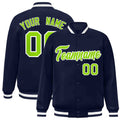 Custom Navy & Neon Green & White Striped Trim Satin Full-Snap Varsity Jacket - front view