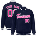Custom Navy & Pink & White Striped Trim Satin Full-Snap Varsity Jacket - front view