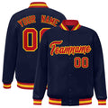 Personalized Navy & Red & Gold Striped Trim Satin Full-Snap Varsity Jacket - front view