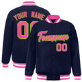 Custom Navy & Pink & Neon Green Striped Trim Satin Full-Snap Varsity Jacket - front view