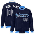 Custom Navy & White Striped Trim Satin Full-Snap Varsity Jacket - front view
