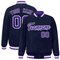 Personalized Navy & Purple & White Striped Trim Satin Full-Snap Varsity Jacket - front view