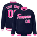 Custom Navy & Pink & White Striped Trim Satin Full-Snap Varsity Jacket - front view