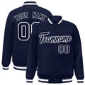 Custom Navy & White Striped Trim Satin Full-Snap Varsity Jacket - front view