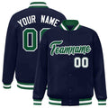 Personalized Navy & Green & White Striped Trim Satin Full-Snap Varsity Jacket - front view