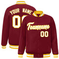 Custom Crimson & White & Gold Striped Trim Satin Full-Snap Varsity Jacket - front view
