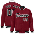 Custom Crimson & Black & White Striped Trim Satin Full-Snap Varsity Jacket - front view