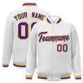 Custom White & Purple & Gold Striped Trim Satin Full-Snap Varsity Jacket - front view