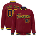 Personalized Crimson & Navy & Gold Striped Trim Satin Full-Snap Varsity Jacket - front view
