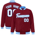 Personalized Crimson & White & Powder Blue Striped Trim Satin Full-Snap Varsity Jacket - front view
