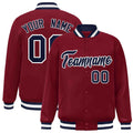 Custom Crimson & Navy & White Striped Trim Satin Full-Snap Varsity Jacket - front view
