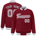Custom Crimson & Gray Striped Trim Satin Full-Snap Varsity Jacket - front view