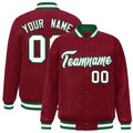 Personalized Crimson & White & Green Striped Trim Satin Full-Snap Varsity Jacket - front view