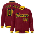 Custom Crimson & Black & Gold Striped Trim Satin Full-Snap Varsity Jacket - front view