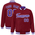 Custom Crimson & Purple & White Striped Trim Satin Full-Snap Varsity Jacket - front view