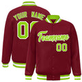 Personalized Crimson & Neon Green & White Striped Trim Satin Full-Snap Varsity Jacket - front view