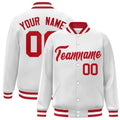 Personalized White & Red Striped Trim Satin Full-Snap Varsity Jacket - front view