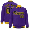 Custom Purple & Black & Gold Striped Trim Satin Full-Snap Varsity Jacket - front view
