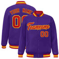 Custom Purple & Red & Gold Striped Trim Satin Full-Snap Varsity Jacket - front view