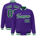 Personalized Purple & Green & White Striped Trim Satin Full-Snap Varsity Jacket - front view