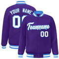 Custom Purple & White & Powder Blue Striped Trim Satin Full-Snap Varsity Jacket - front view