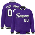 Personalized Purple & White & Black Striped Trim Satin Full-Snap Varsity Jacket - front view