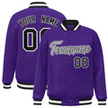 Custom Purple & Gray & Black Striped Trim Satin Full-Snap Varsity Jacket - front view