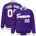 Custom Purple & White & Gray Striped Trim Satin Full-Snap Varsity Jacket - front view