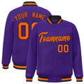 Personalized Purple & Orange & Black Striped Trim Satin Full-Snap Varsity Jacket - front view