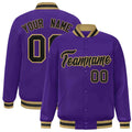 Custom Purple & Black & Old Gold Striped Trim Satin Full-Snap Varsity Jacket - front view