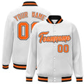 Custom White & Orange & Black Striped Trim Satin Full-Snap Varsity Jacket - front view