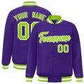 Custom Purple & Neon Green & White Striped Trim Satin Full-Snap Varsity Jacket - front view