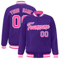 Personalized Purple & Pink & White Striped Trim Satin Full-Snap Varsity Jacket - front view