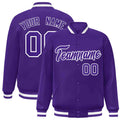 Custom Purple & White Striped Trim Satin Full-Snap Varsity Jacket - front view
