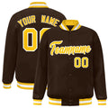 Custom Brown & Gold & White Striped Trim Satin Full-Snap Varsity Jacket - front view