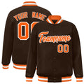 Personalized Brown & Orange & White Striped Trim Satin Full-Snap Varsity Jacket - front view