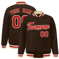 Custom Brown & Red & Khaki Striped Trim Satin Full-Snap Varsity Jacket - front view