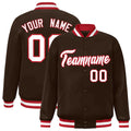 Custom Brown & White & Red Striped Trim Satin Full-Snap Varsity Jacket - front view