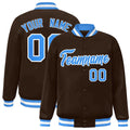 Personalized Brown & Powder Blue & White Striped Trim Satin Full-Snap Varsity Jacket - front view
