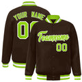Custom Brown & Neon Green & White Striped Trim Satin Full-Snap Varsity Jacket - front view