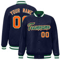 Custom Navy & Green & White Striped Trim Satin Full-Snap Varsity Jacket - front view