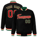 Personalized Black & Red & Khaki Striped Trim Satin Full-Snap Varsity Jacket - front view